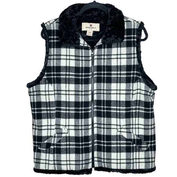WOOLRICH black & white preppy plaid wool blend full zip vest size large fall - Picture 2 of 6